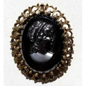 Vintage Black Gold Victorian Cameo Costume Brooch Pin Jewelry